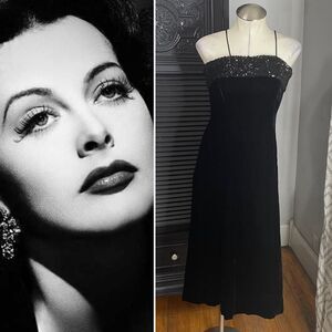 Vintage Lilli Diamond Black Sequin Velvet Midi‎ Fit Flare Dress